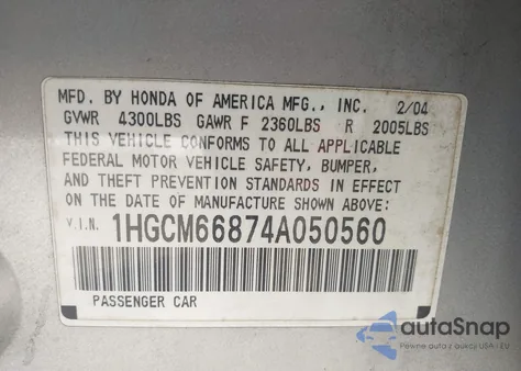 2004 Honda Accord 3.0 Ex z USA, uszkodzony, nr VIN 1HGCM66874A050560